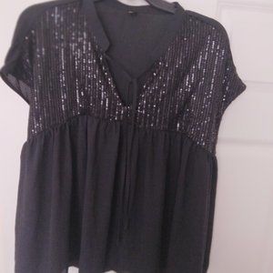 Tie Neck Contrast Sequin Ruffle Blouse beautiful.
